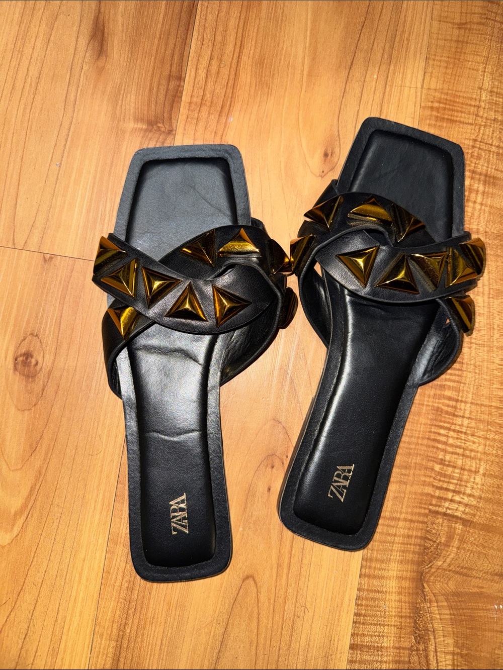 Zara Black Slide Mules with Metallic Gold Pyramid Accents(2)